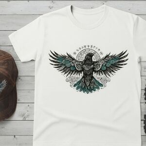 Norse Raven Rune Graphic Tee • Viking Nordic Mythology Shirt • White or Steel